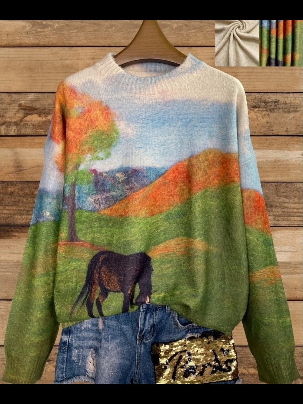 Scenic Horse Print Crewneck Sweater in Multicolor.  Printed To Look Woven Sz. 4X